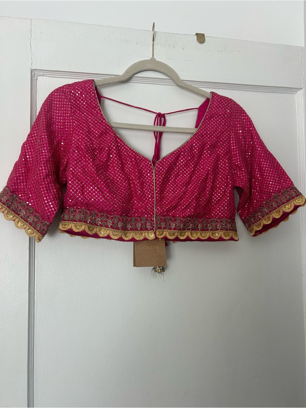 Biba Hot Pink Embroidered Crop Blouse with Gold Trim